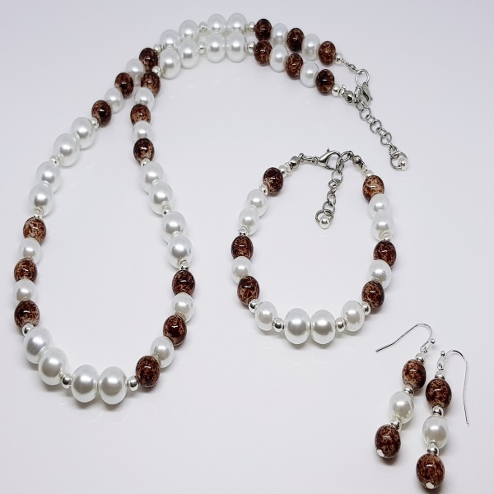 White Pearls/Brown Speckled Beaded Trio Set